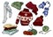 Cozy hygge doodles. Cute clothes casual stickers. Plaids, yarn, knitting, cap, hat, sweater, stockings, mittens