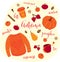 Cozy hygge style. Warm autumn mood. Knitted sweater, pumpkin, tea, pumpkin latte, cinnamon, apple, acorn, pear, clove, spices.