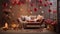 A cozy indoor setup with heart balloons and plush cushions, inviting a romantic Valentine\\\'s Day evening