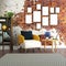 Cozy interior poster mock up with old brick wall