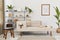 Cozy interior with stylish sofa, grey coffee table, bookcase, plants, carpet, decoration, mock up poster map.