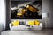 Cozy interior woth Large quarry dump truck in coal mine picture on wall