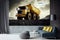 Cozy interior woth Large quarry dump truck in coal mine picture on wall