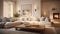A cozy and inviting living room whitesh sofa and lights on it through window HD