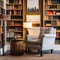 A cozy and inviting reading nook with a comfortable armchair, a floor lamp, and a bookshelf filled with a variety of genres and