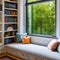 A cozy and inviting reading nook with a window seat, soft cushions, and a wall-mounted bookshelf1, Generative AI