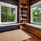 A cozy and inviting reading nook with a window seat, soft cushions, and a wall-mounted bookshelf5, Generative AI