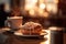 A cozy, inviting scene of a steaming cup of coffee and a deliciously frosted cinnamon roll, with a soft focus background.