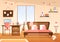 Cozy Kids Bedroom Interior with Furniture Like Bed, Toys, Wardrobe, Bedside Table, Chandelier in Modern Style in Illustration
