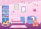 Cozy Kids Bedroom Interior with Furniture Like Bed, Toys, Wardrobe, Bedside Table, Chandelier in Modern Style in Illustration