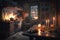 cozy kitchen with candles, warm light and cozy atmosphere at night