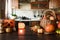 Cozy kitchen with pumpkins for Thanksgiving day or Halloween cooking.