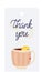 Cozy knitted mug with hot tea and lemon slice, Thank You text on tag. Warm drink gratitude concept illustration