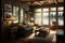 Cozy Lake House Living Room With Lake View,hyperrealism, photorealism, photorealistic