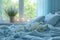 Cozy light blue Bedroom with flowers and candles. Blue bed linen. Bedroom. The image is generated with the use of an AI.