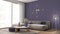 Cozy liliac and wooden living room in modern apartment, velvet sofa with pouf and table with potted flowers, parquet, carpet, big