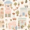 Cozy Little Cafes and Flower Shops in Pastel Watercolors Seamless Pattern