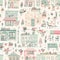 Cozy Little Cafes and Flower Shops in Pastel Watercolors Seamless Pattern