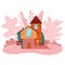 Cozy little fairy house on pink landscape, cottage with tower for girls, isolated on white cartoon vector illustration.