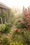 Cozy Little Rustic Shed with Stone and Brick Path in Cottage Garden in Fog