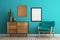 Cozy Living Elegance: Modern Interior with Personalizable Empty Canvas Mockup