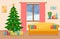 Cozy living interior with Christmas tree. New Year decorated living room. Vector illustration