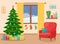 Cozy living interior with Christmas tree. New Year decorated living room. Vector illustration