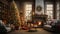 A cozy living room adorned with Christmas decorations and a beautifully decorated tree