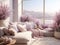 Cozy Living Room Bathed in Sunlight with Pastel Pink Blooms