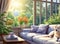 Cozy living room bright sunny interior illustration. Sofa and summer nature behind the window