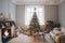 cozy living room with decorated christmas tree, fireplace and wrapped presents on the table