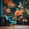 A cozy living room enlivened by vibrant tropical floral wallpaper features stylish seating and decor. A comfortable blue velvet