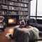 Cozy living room with fireplace, armchair, books and coffee cup