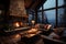 A cozy living room with fireplace on the background of a mountain landscape