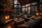 A cozy living room with fireplace on the background of a mountain landscape