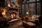 A cozy living room with fireplace on the background of a mountain landscape