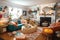 a cozy living room with a fireplace and comfy couches, surrounded by colorful and creative projects