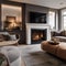 A cozy living room with a fireplace, soft rug, and comfortable sofa Warm and inviting interior design2