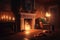 a cozy living room with a fireplace and warm flames, flickering in the darkness