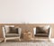 Cozy living room interior, Scandinavian style mock up. Rattan ceiling lamp, wooden table, two chairs. beige and brown furniture .