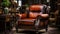 Cozy living room with old fashioned leather armchair and rustic wood generated by AI