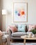 Cozy living room with pastel-colored decor, focus on a white-framed mockup painting illuminated by a stylish lamp, shot