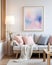 Cozy living room with pastel-colored decor, focus on a white-framed mockup painting illuminated by a stylish lamp, shot