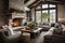 cozy living room with a stone fireplace and plush neutral-toned furniture