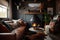 cozy living room with wood burning fireplace, leather sofa and throw pillows