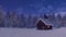 Cozy log cabin in mountains at snowy winter night