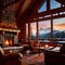 Cozy luxurious winter cabin with warm fire and cold snow outside