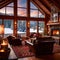 Cozy luxurious winter cabin with warm fire and cold snow outside