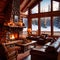 Cozy luxurious winter cabin with warm fire and cold snow outside