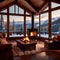 Cozy luxurious winter cabin with warm fire and cold snow outside